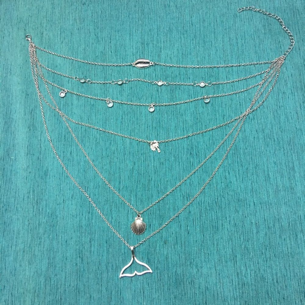 6 Layer Boho Gypsy Beach Silver Mermaid Necklace - Picture 4 of 6
